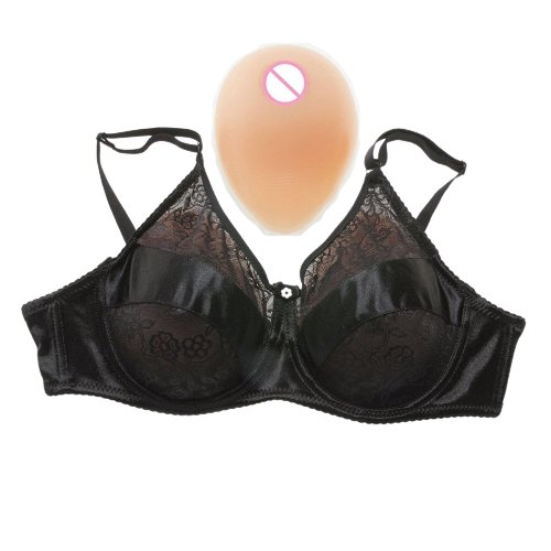 Teardrop Shaped Silicone Breast Forms with Black Pocket Bra for Crossdresser