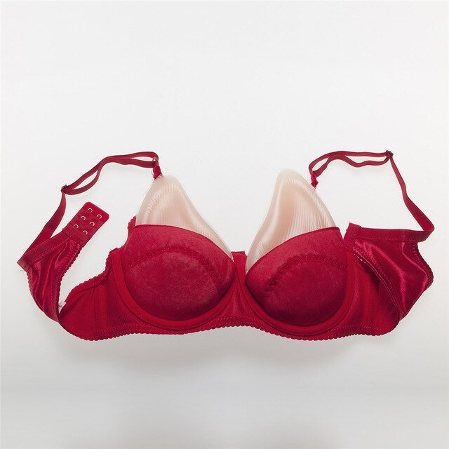 Teardrop Shaped Silicone Breast Forms with Red Pocket Bra for Crossdresser